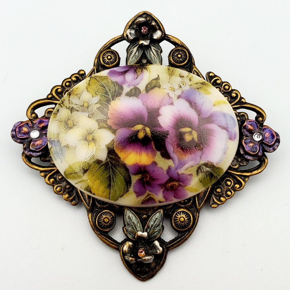 Vintage Glass Floral Cameo Pin Brooch Rustic Ornate Bezel Purple Petunias